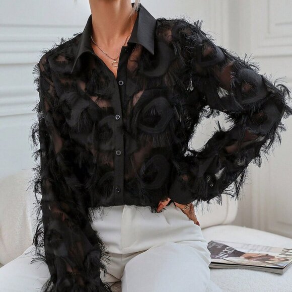 Tops - Black Party Women's Fuzzy Trim Button Front Shirt